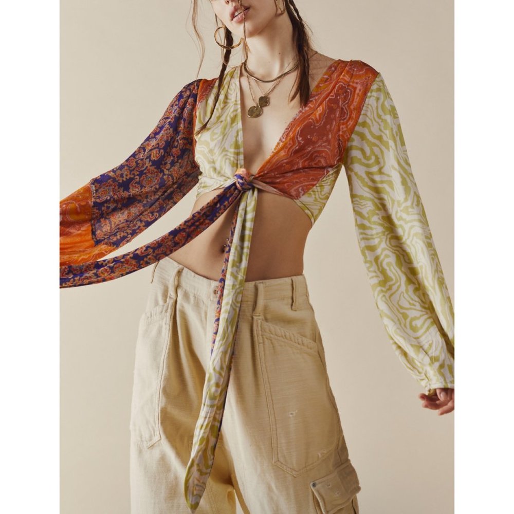 Free People Multi-Print Tie-Front Crop Top in Orange, Green, Purple